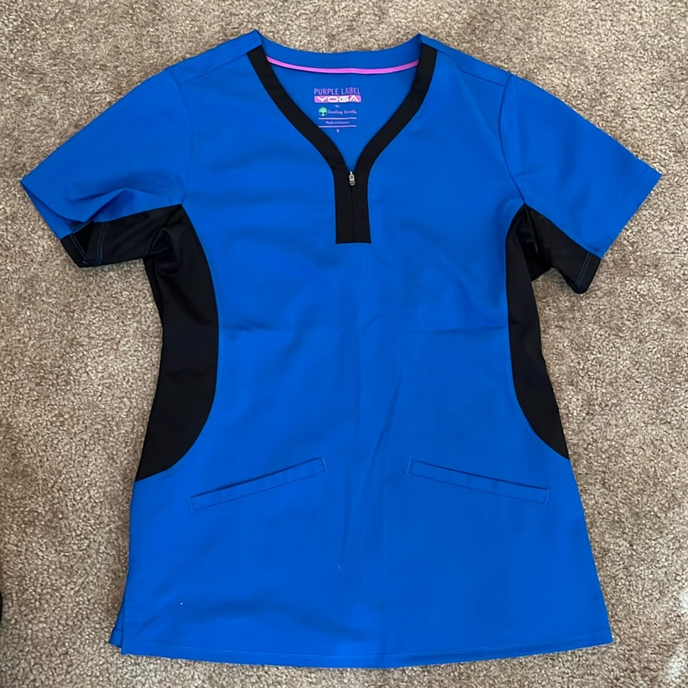 Purple Label Healing Hands Scrub Top - Royal Blue with Black - Small